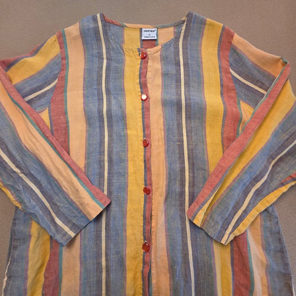 Gerties Vintage 100% Linen Multicolor Striped Shirt Blouse Sz XL Made In USA